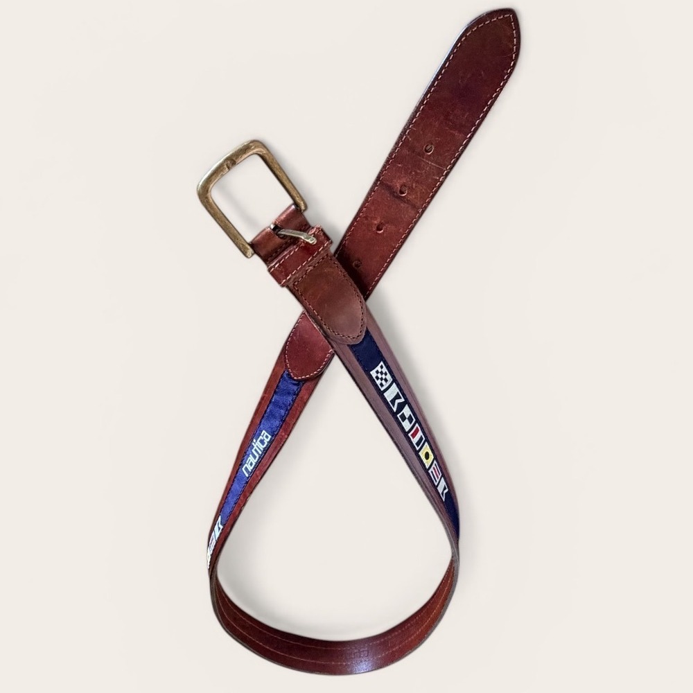 Leather Nautical Inlay Flag Belt Mens 40 Brown Brass Buckle Preppy Coastal Style